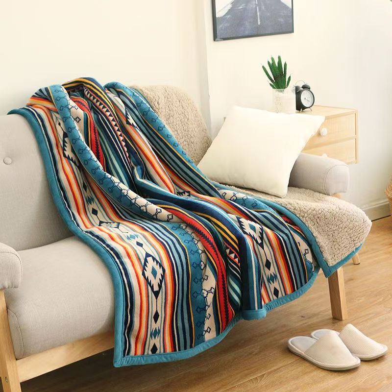 Large Colorful Geometric Knitted Throw - 59x79 Inches Bohemian Tribal Blanket - Decorative Ethnic Style Bed & Couch Cover