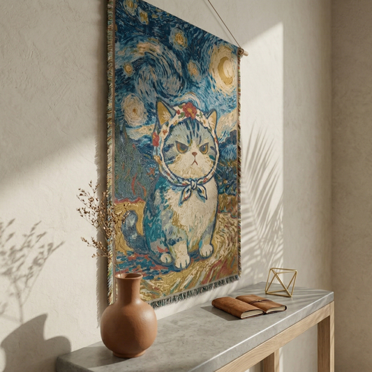 130x180cm Starry Night Cat Woven Tapestry - Large Artistic Van Gogh Style Throw Wall Hanging Decor