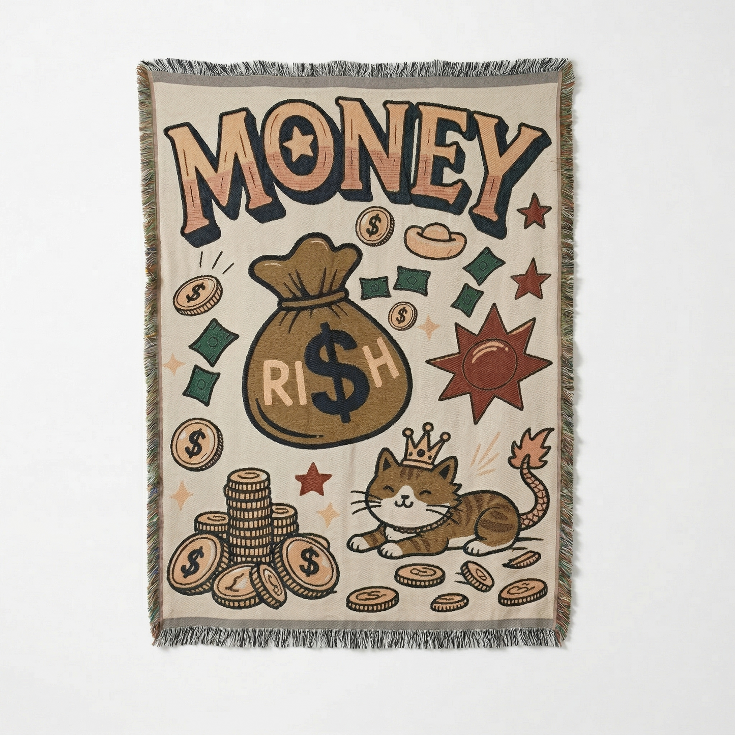 130x180cm Lucky Cat Woven Art Tapestry - Large Jacquard Money Bag Wall Hanging, Retro Illustration Style