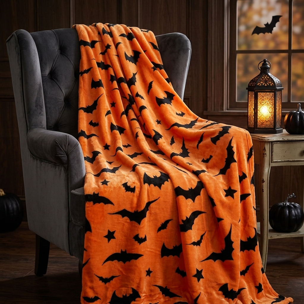 Halloween Bat and Star Print Flannel Throw Blanket - Soft Fleece, Orange and Black, 150x200cm