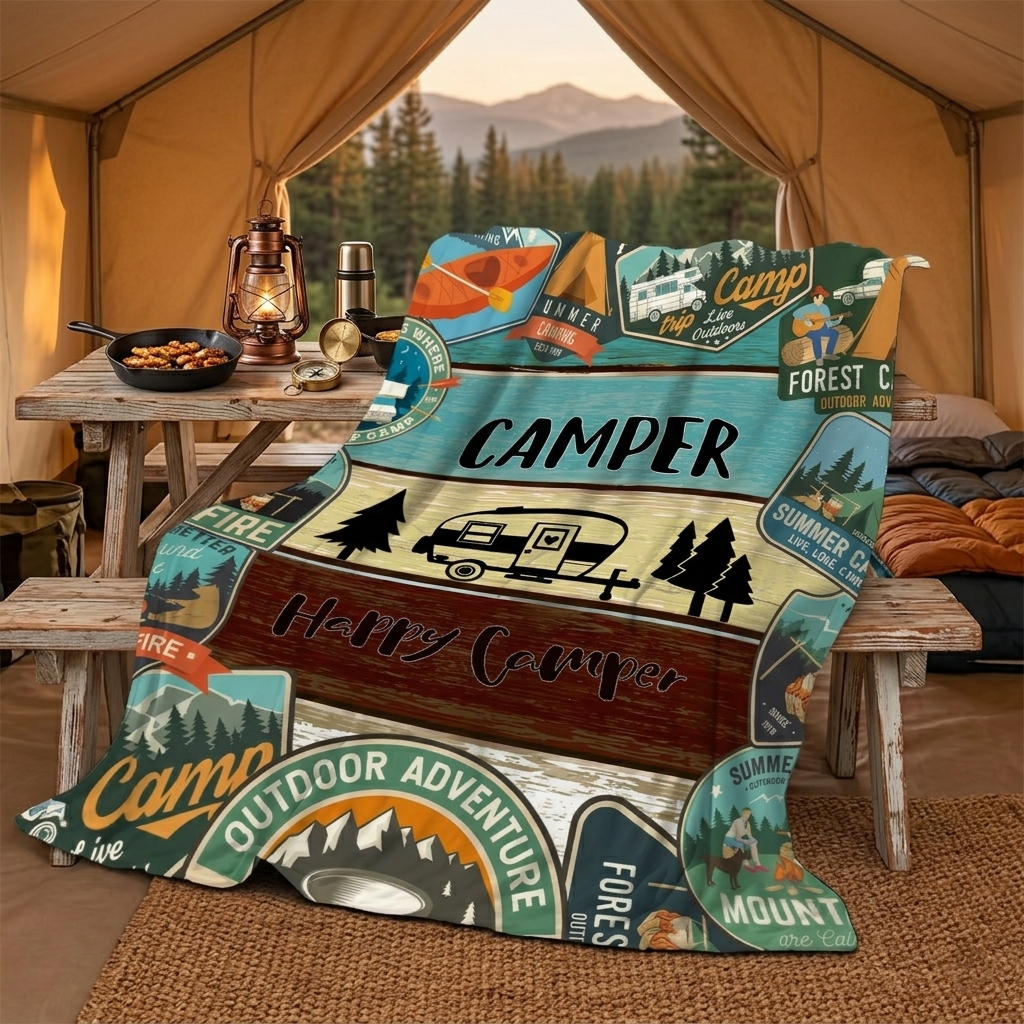 Camping Themed Soft Fleece Blanket - 59x79 Inches Large RV Travel Throw - Vintage Outdoor Adventure Pattern for Camper & Trailer