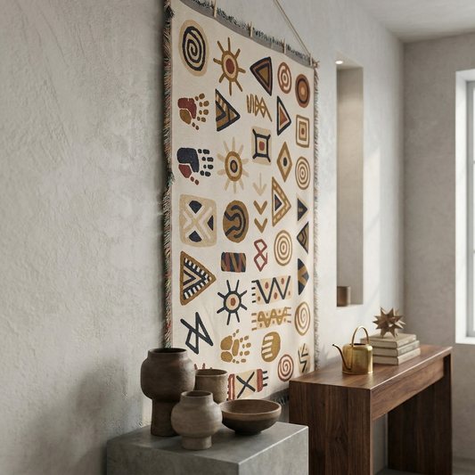 Bohemian Tribal Symbol Woven Tapestry - Geometric Sun & Handprint Wall Art - Vintage Ethnic Style Wall Hanging for Room Decor (130x180cm)