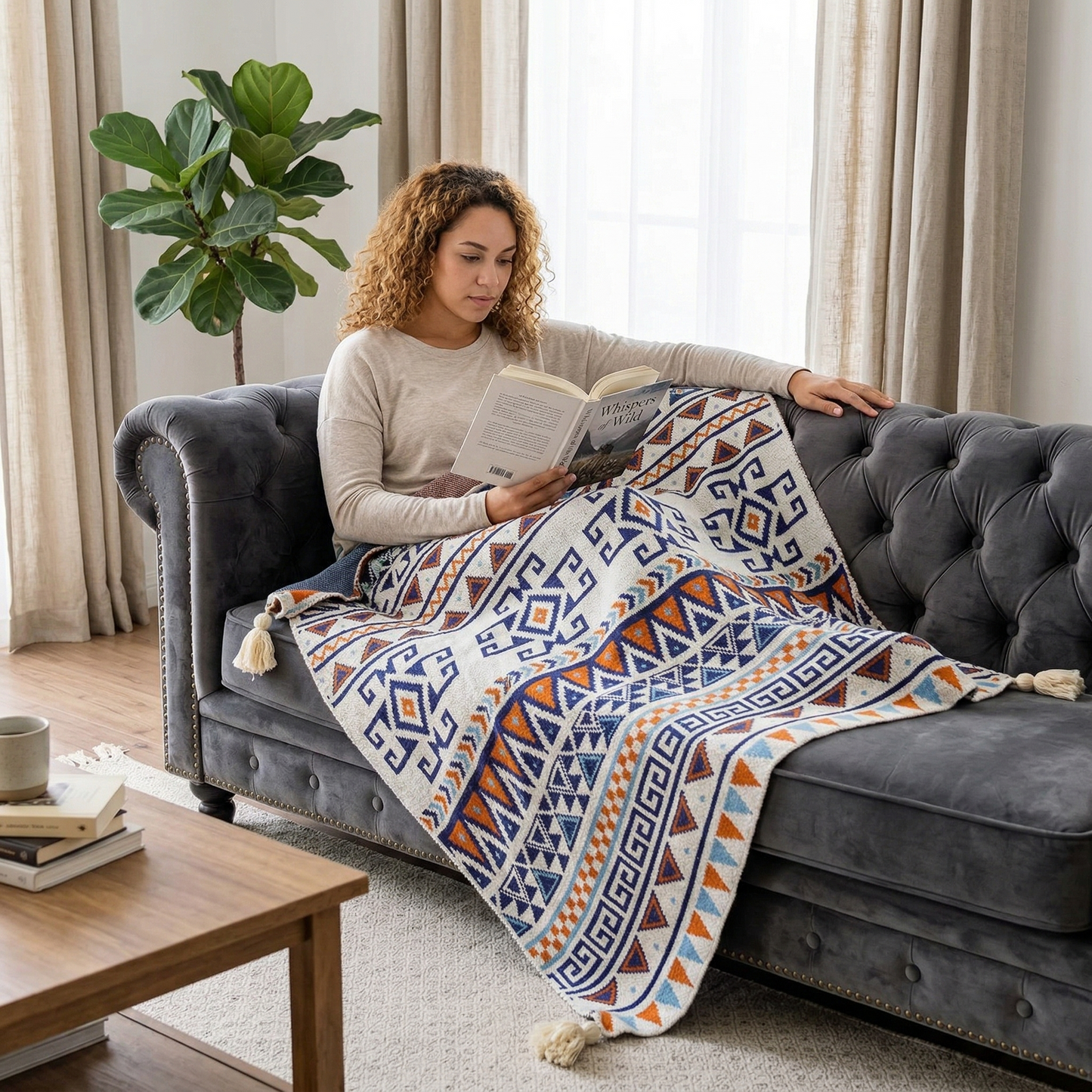 Bohemian Knitted Throw Blanket with Tassels - Geometric Ethnic Pattern, 130x200cm, Blue & Orange