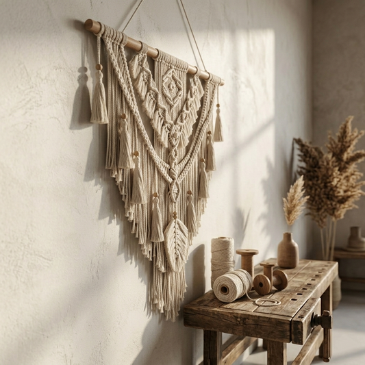 VibeWeave 80x95cm Macrame Wall Hanging - Handmade Boho Cotton Woven Tapestry with Tassels and Wooden Beads, Cream