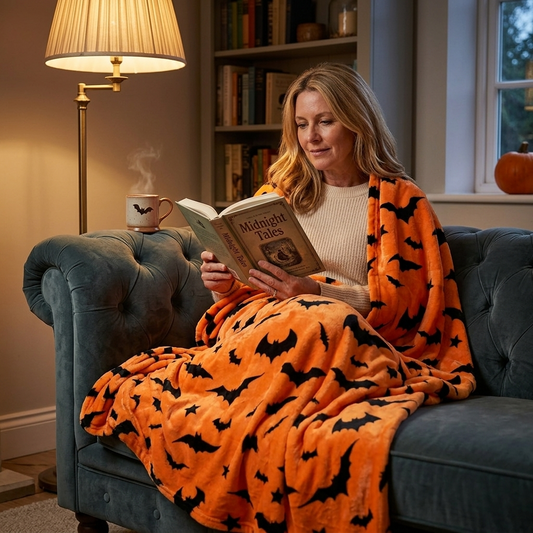 Halloween Bat and Star Print Flannel Throw Blanket - Soft Fleece, Orange and Black, 150x200cm