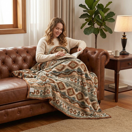 Oversized Bohemian Textured Throw - 59x79 Inches Large Knitted Blanket with Geometric Pattern - Cozy Decorative Bed Cover