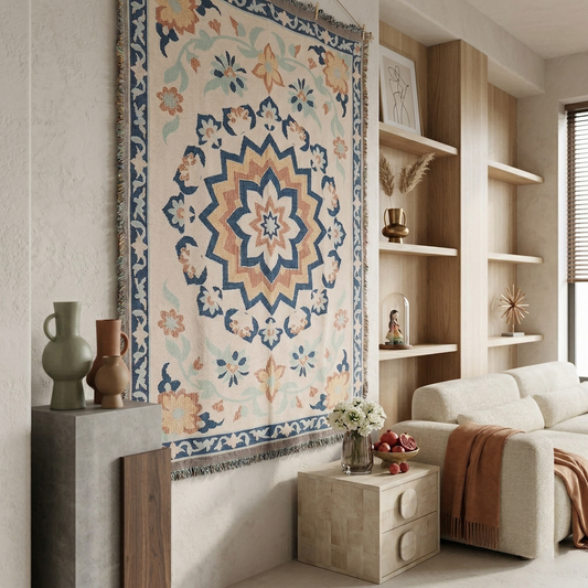Large Mandala Floral Woven Tapestry - Vintage Persian Style Wall Art Hanging - Blue & Cream Aesthetic Room Decor (130x180cm)