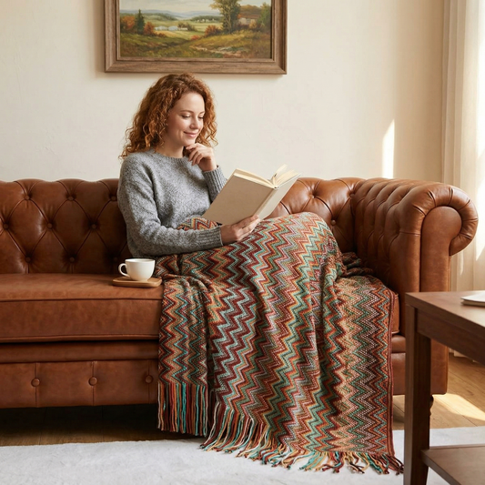 Large Bohemian Chevron Sofa Blanket - 51x91 Inches Long Decorative Knitted Throw with Fringe - Multicolor Geometric Pattern