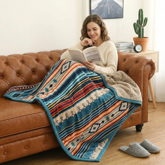 Large Colorful Geometric Knitted Throw - 59x79 Inches Bohemian Tribal Blanket - Decorative Ethnic Style Bed & Couch Cover
