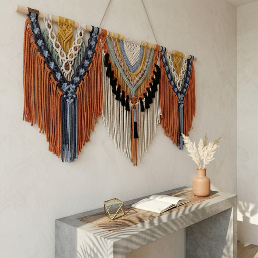 130x105cm Oversized Macrame Wall Hanging - Triple Mandala Boho Woven Tapestry, Colorful Cotton Fiber Art