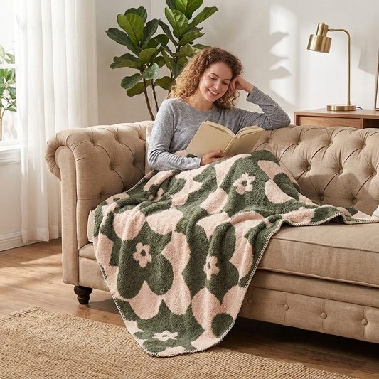 Cottagecore Floral Plush Throw - 59x79 Inches Large Botanical Pattern Blanket - Cozy Sage & Cream Decorative Throw