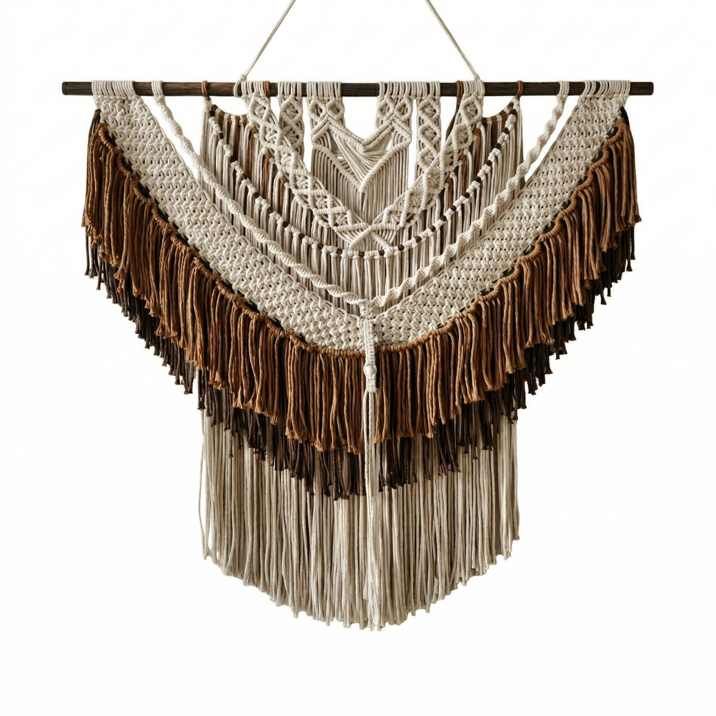 120x100cm Large Macrame Wall Hanging - Tiered Tassel Boho Woven Tapestry, Coffee & Cream Cotton Fiber Art