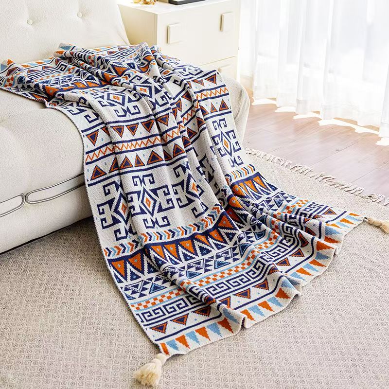 Bohemian Knitted Throw Blanket with Tassels - Geometric Ethnic Pattern, 130x200cm, Blue & Orange