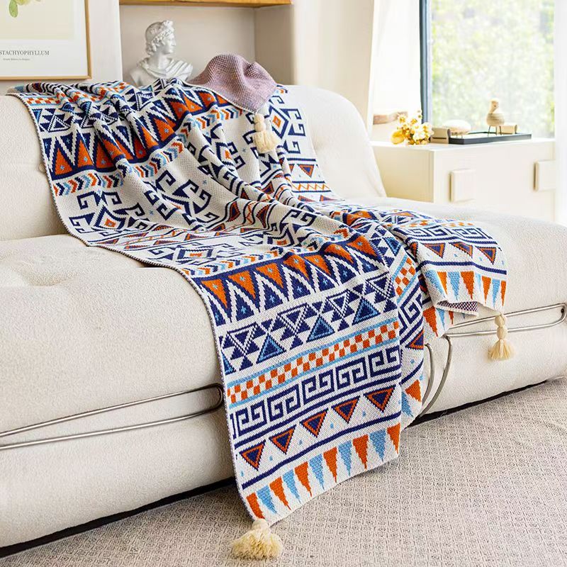 Bohemian Knitted Throw Blanket with Tassels - Geometric Ethnic Pattern, 130x200cm, Blue & Orange