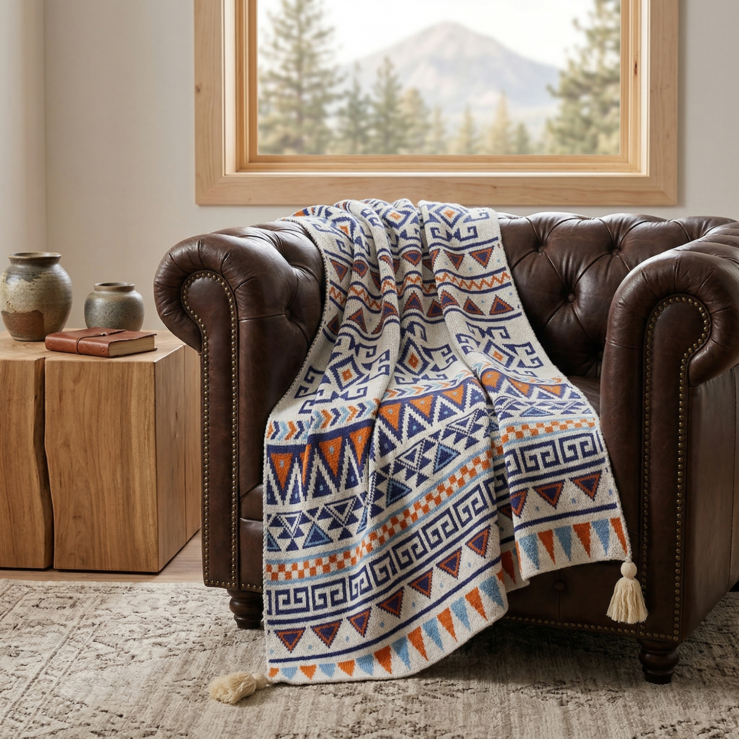 Bohemian Knitted Throw Blanket with Tassels - Geometric Ethnic Pattern, 130x200cm, Blue & Orange