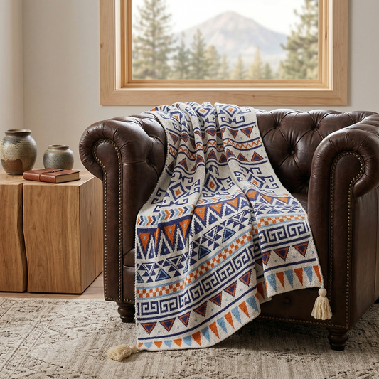 Bohemian Knitted Throw Blanket with Tassels - Geometric Ethnic Pattern, 130x200cm, Blue & Orange