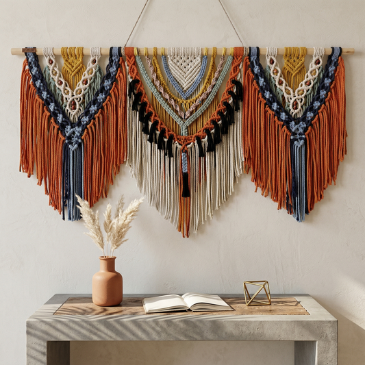 130x105cm Oversized Macrame Wall Hanging - Triple Mandala Boho Woven Tapestry, Colorful Cotton Fiber Art