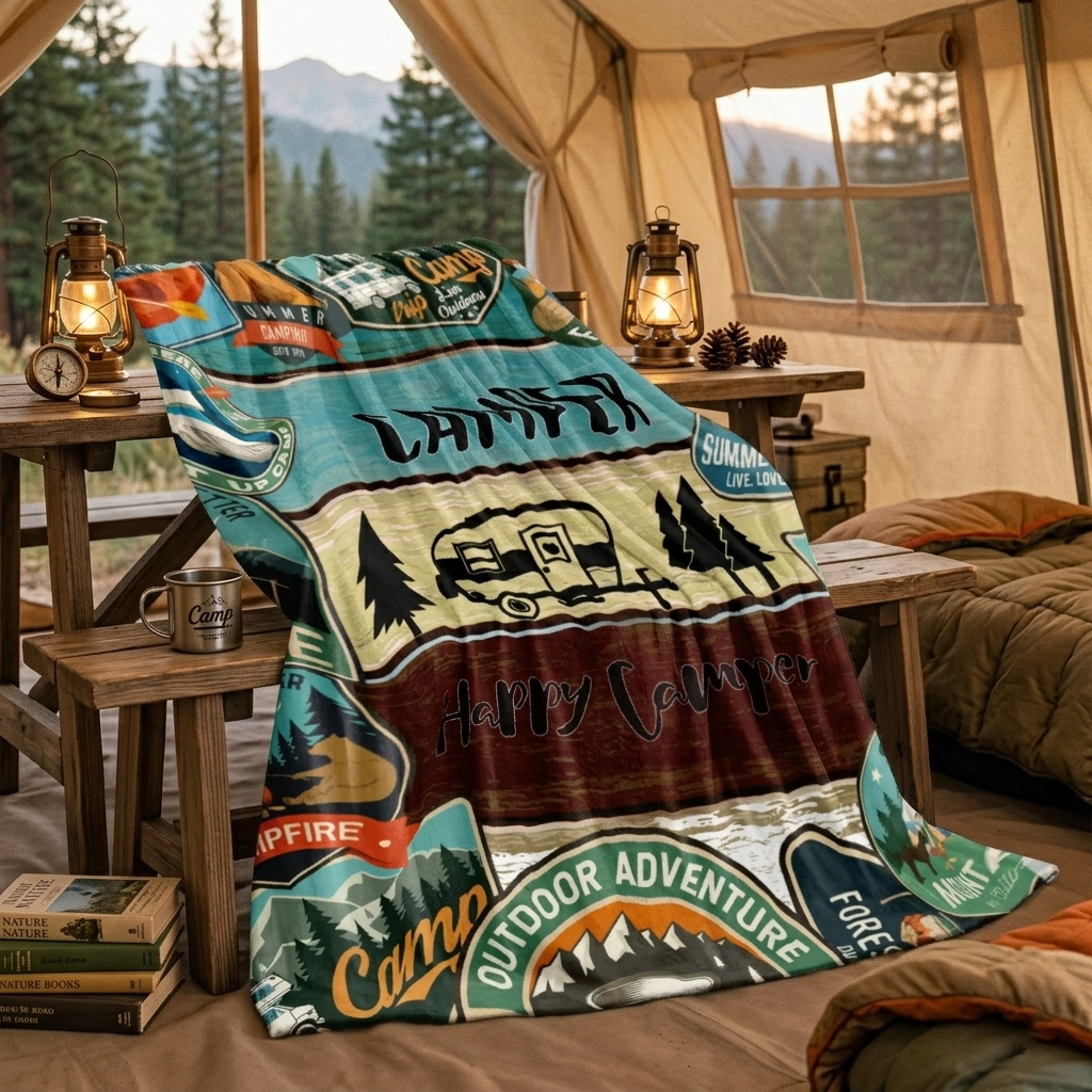 Camping Themed Soft Fleece Blanket - 59x79 Inches Large RV Travel Throw - Vintage Outdoor Adventure Pattern for Camper & Trailer