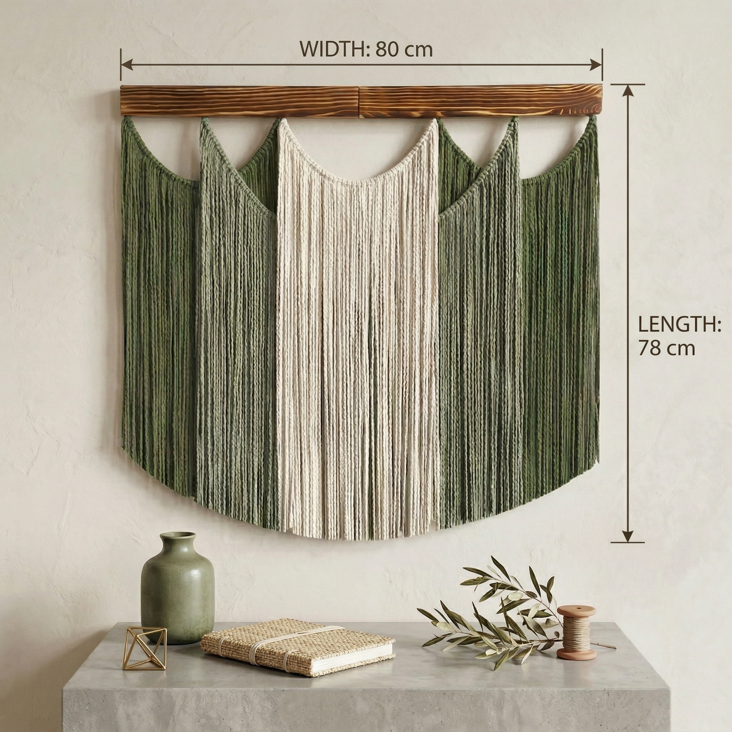 80x78cm Modern Macrame Wall Hanging - Handmade Sage Green & Cream Woven Fiber Art with Wood Ledge