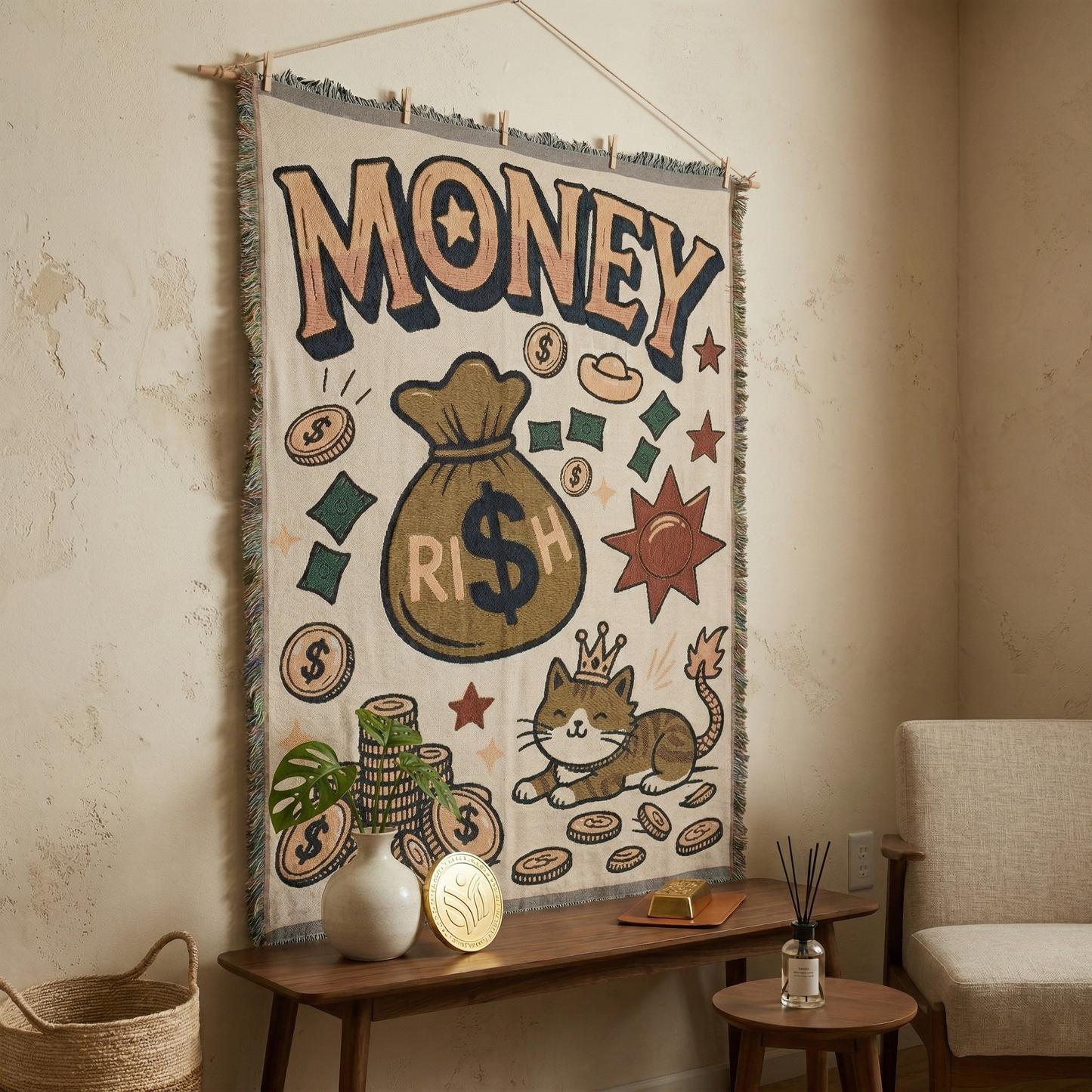 130x180cm Lucky Cat Woven Art Tapestry - Large Jacquard Money Bag Wall Hanging, Retro Illustration Style