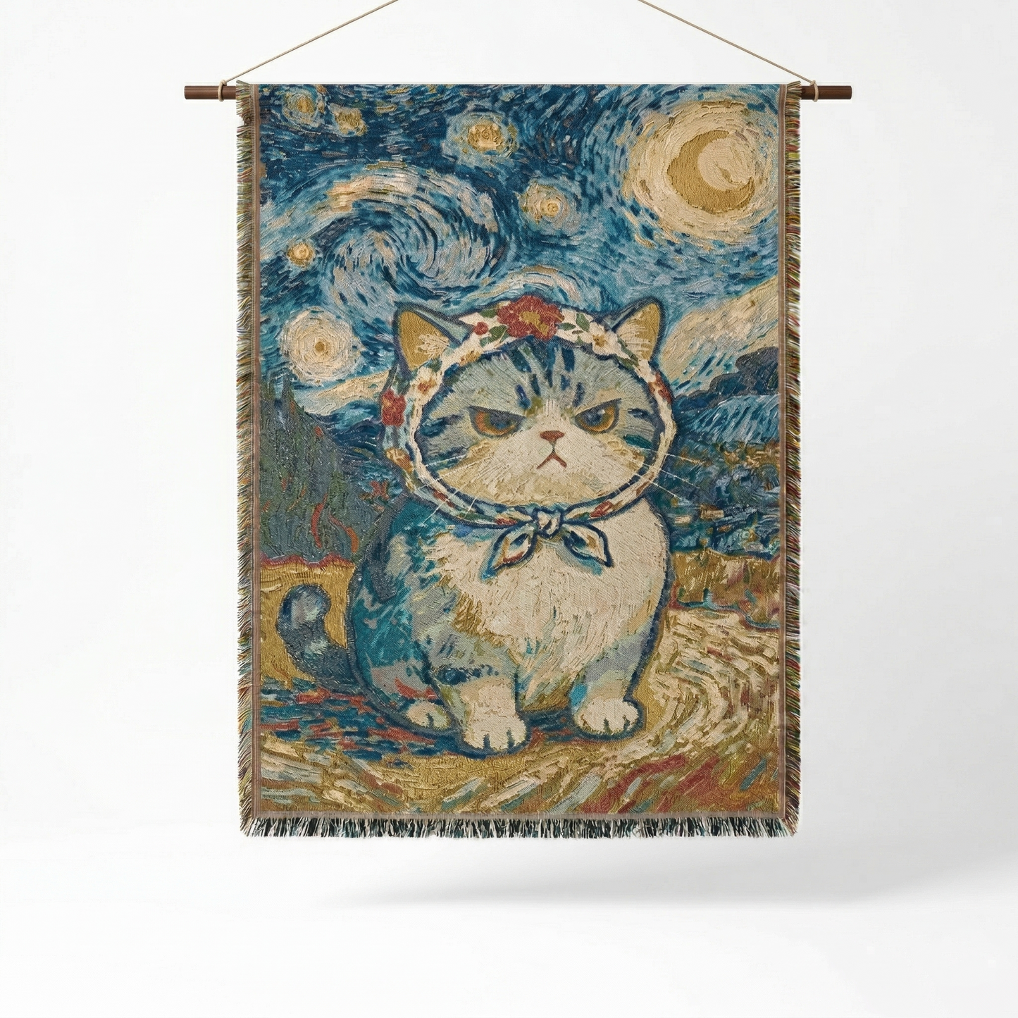 130x180cm Starry Night Cat Woven Tapestry - Large Artistic Van Gogh Style Throw Wall Hanging Decor