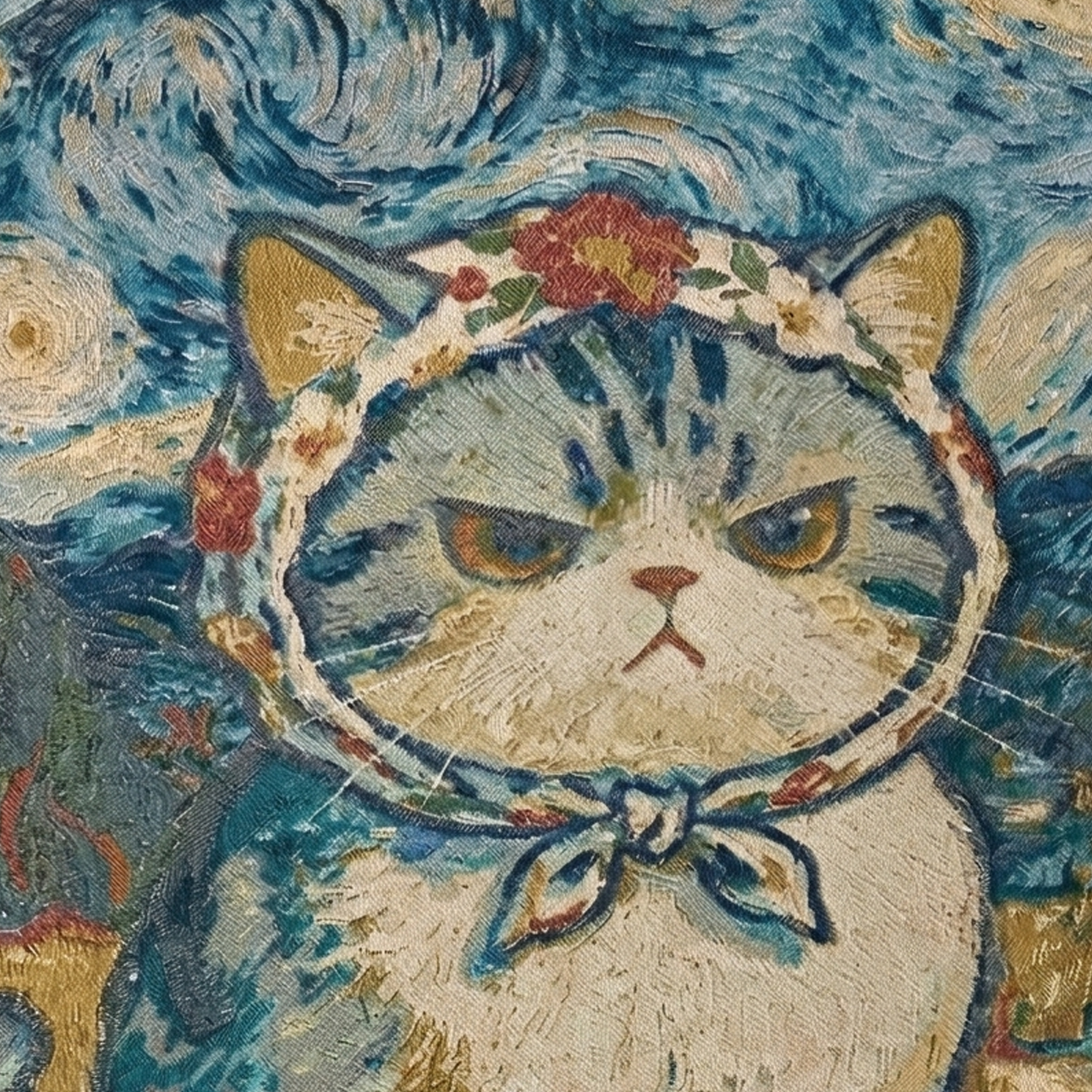 130x180cm Starry Night Cat Woven Tapestry - Large Artistic Van Gogh Style Throw Wall Hanging Decor