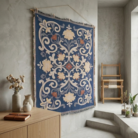 Vintage Baroque Floral Woven Tapestry - Navy Blue Damask Wall Art Hanging - Large Classic Aesthetic Room Decor (130x180cm)