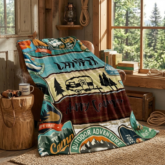 Camping Themed Soft Fleece Blanket - 59x79 Inches Large RV Travel Throw - Vintage Outdoor Adventure Pattern for Camper & Trailer