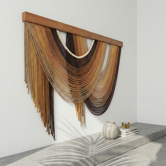 100x80cm Modern Fiber Art Wall Hanging - Wood Ledge Boho Tapestry, Earth Tone Gradient Yarn Wall Decor