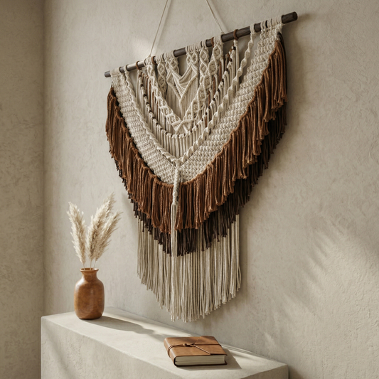120x100cm Large Macrame Wall Hanging - Tiered Tassel Boho Woven Tapestry, Coffee & Cream Cotton Fiber Art