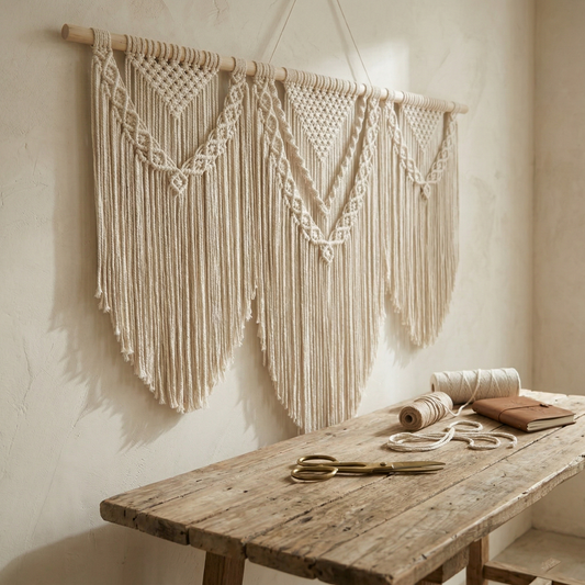 110x80cm Extra Large Macrame Wall Hanging - Triple V-Shape Boho Woven Tapestry, Handmade Cotton Wall Decor
