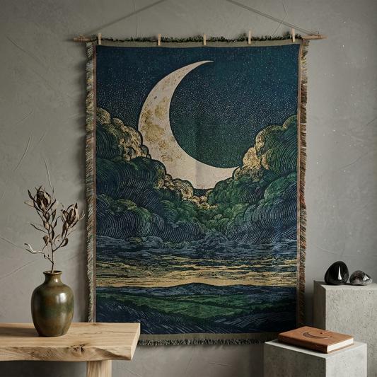Large Celestial Moon & Stars Woven Tapestry - Dreamy Landscape Wall Art Hanging - Deep Blue & Gold Aesthetic Room Decor (130x180cm)