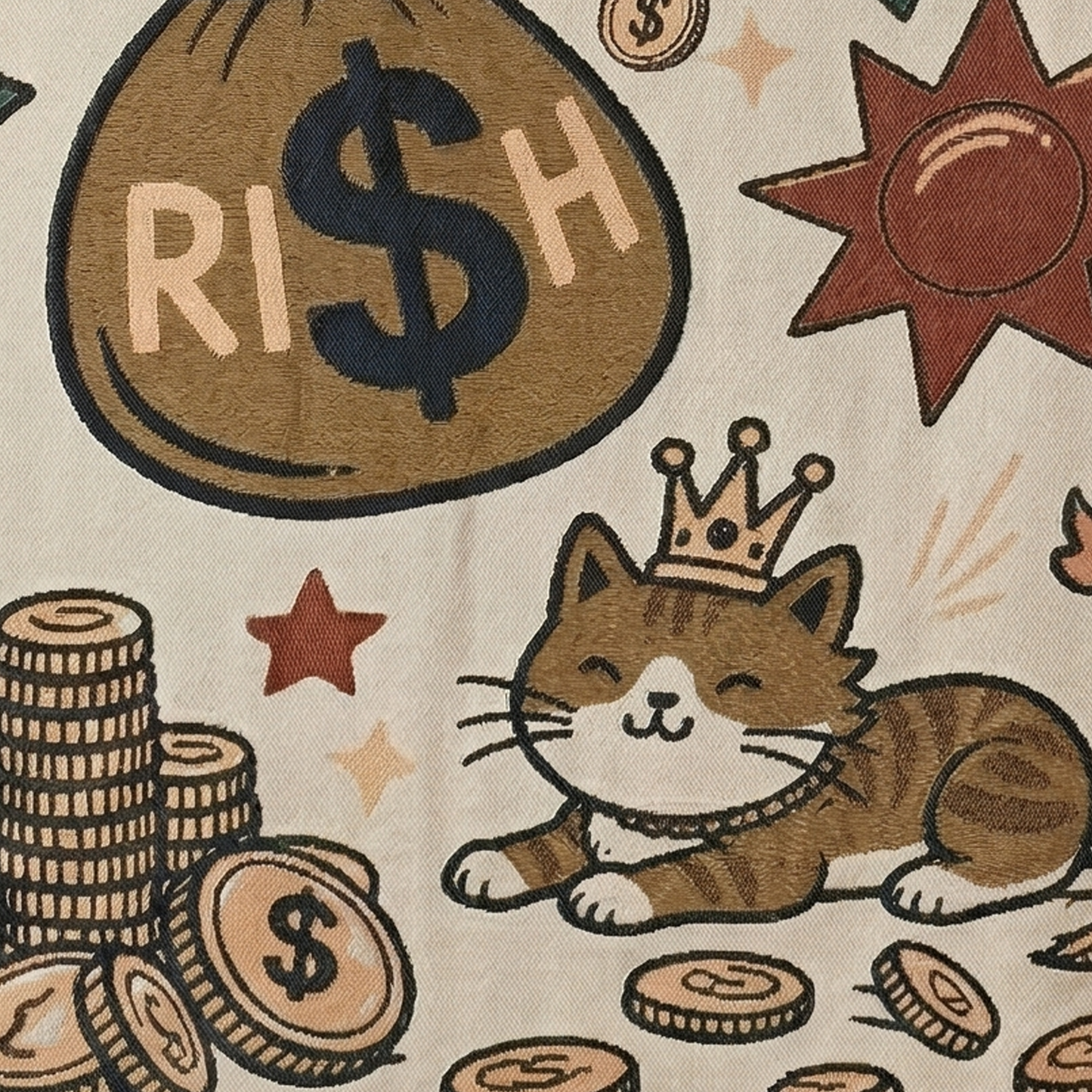130x180cm Lucky Cat Woven Art Tapestry - Large Jacquard Money Bag Wall Hanging, Retro Illustration Style