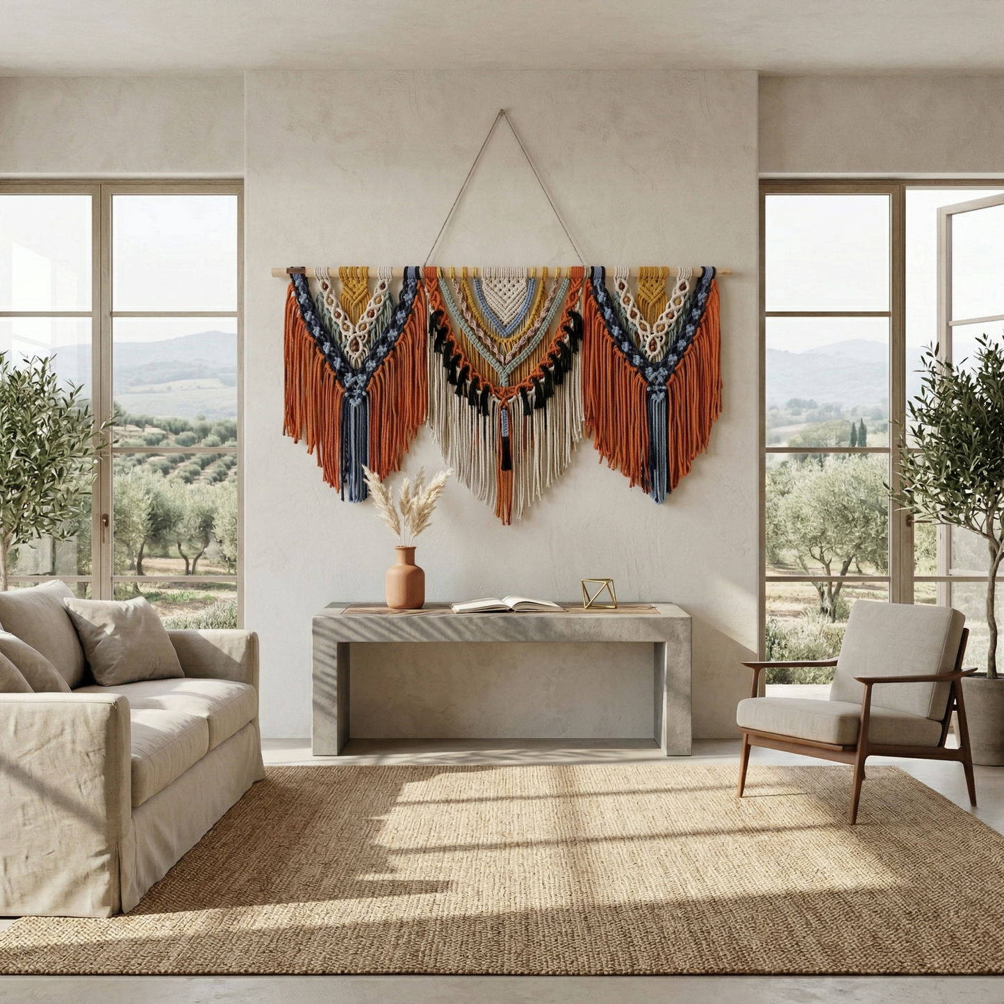 130x105cm Oversized Macrame Wall Hanging - Triple Mandala Boho Woven Tapestry, Colorful Cotton Fiber Art