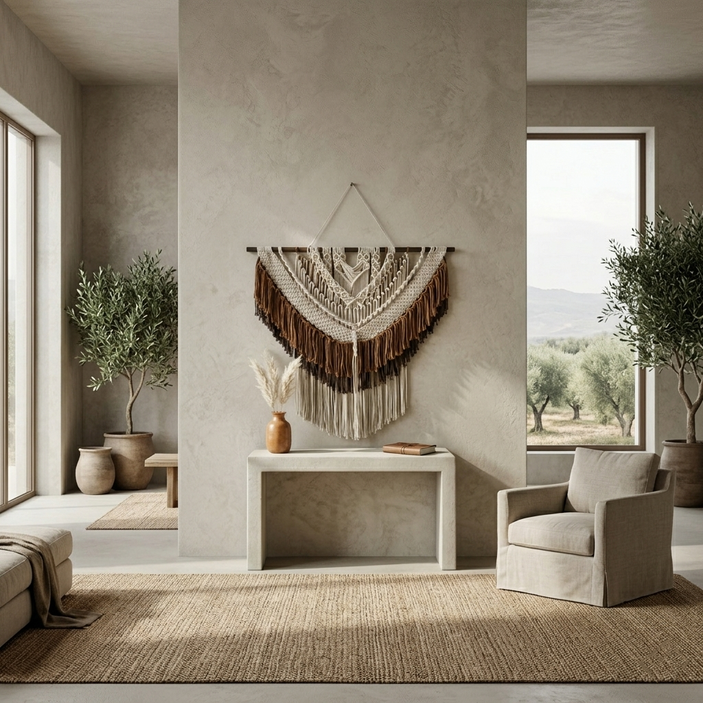 120x100cm Large Macrame Wall Hanging - Tiered Tassel Boho Woven Tapestry, Coffee & Cream Cotton Fiber Art