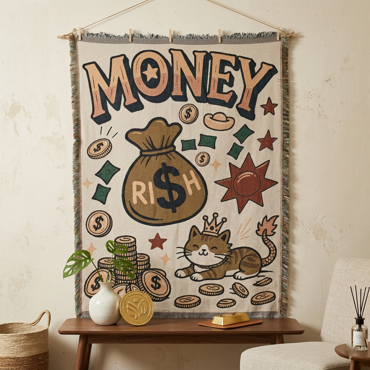 130x180cm Lucky Cat Woven Art Tapestry - Large Jacquard Money Bag Wall Hanging, Retro Illustration Style