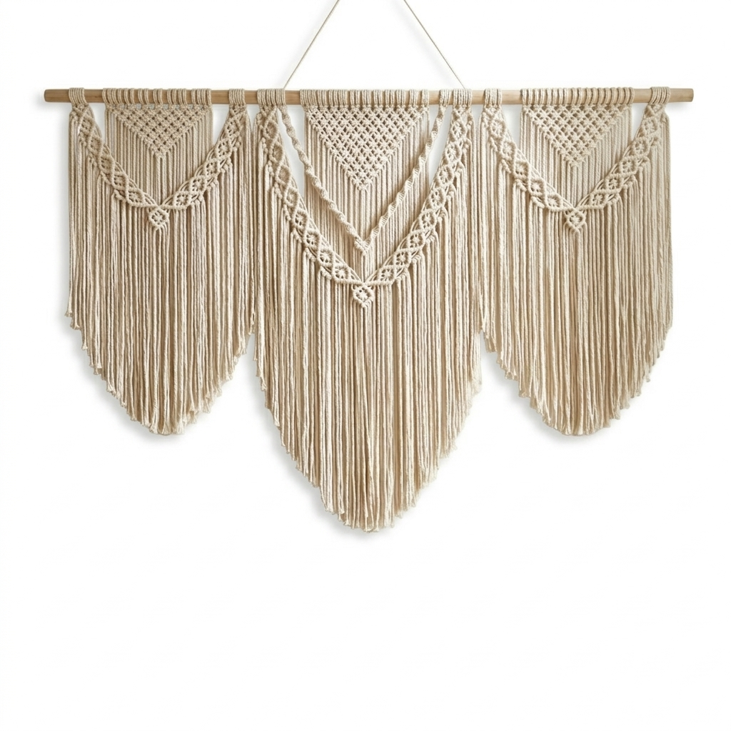 110x80cm Extra Large Macrame Wall Hanging - Triple V-Shape Boho Woven Tapestry, Handmade Cotton Wall Decor