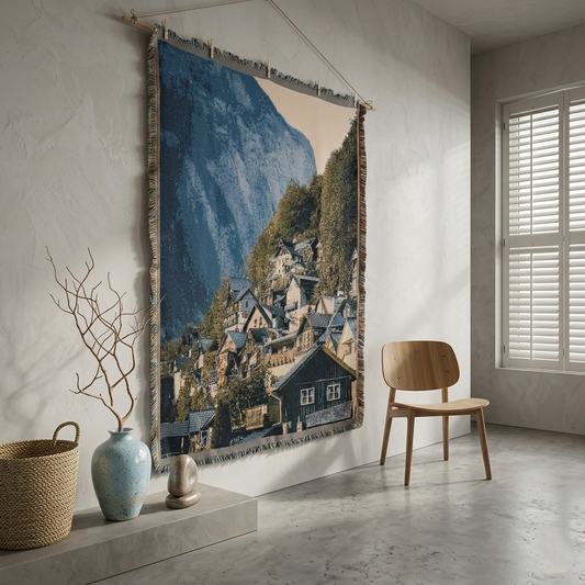European Village Landscape Woven Tapestry - Mountain Town Scenery Wall Art - Large Vintage Aesthetic Wall Hanging for Home Decor (130x180cm)