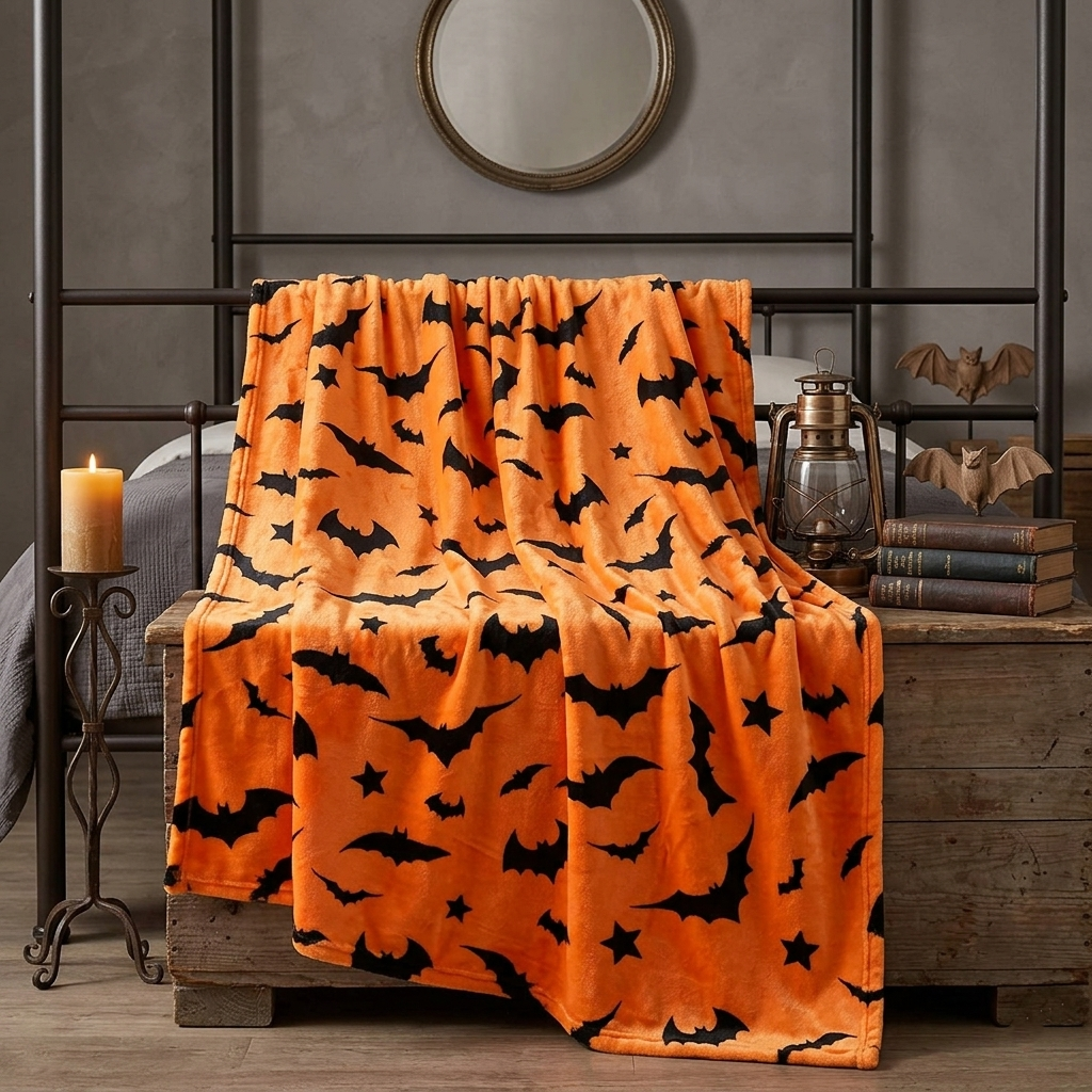 Halloween Bat and Star Print Flannel Throw Blanket - Soft Fleece, Orange and Black, 150x200cm