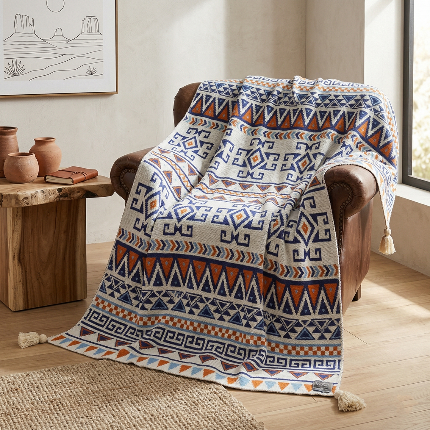 Bohemian Knitted Throw Blanket with Tassels - Geometric Ethnic Pattern, 130x200cm, Blue & Orange