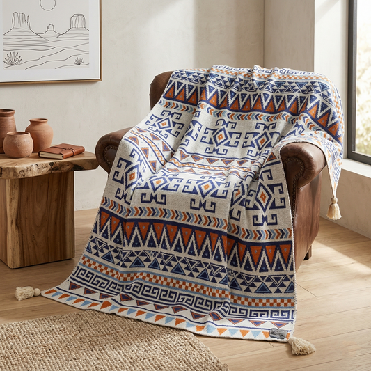 Bohemian Knitted Throw Blanket with Tassels - Geometric Ethnic Pattern, 130x200cm, Blue & Orange