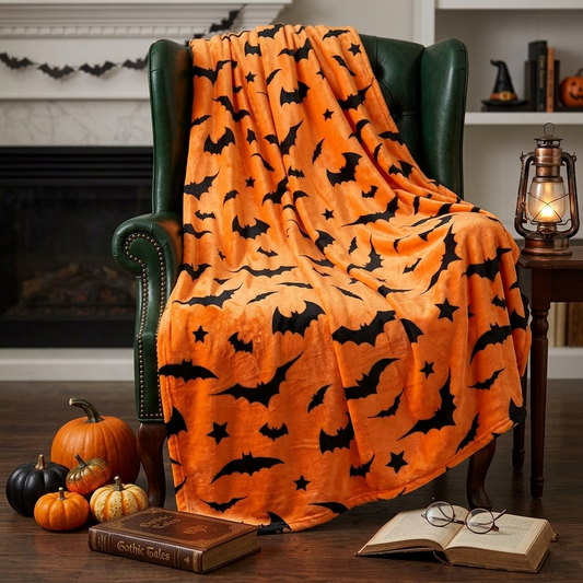 Halloween Bat and Star Print Flannel Throw Blanket - Soft Fleece, Orange and Black, 150x200cm