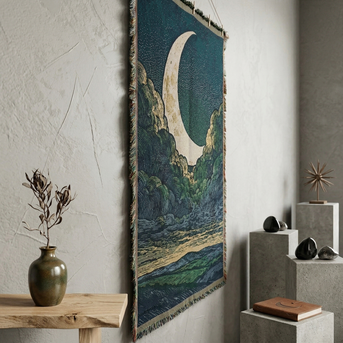 Large Celestial Moon & Stars Woven Tapestry - Dreamy Landscape Wall Art Hanging - Deep Blue & Gold Aesthetic Room Decor (130x180cm)