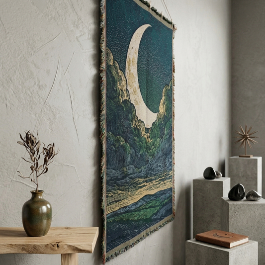Large Celestial Moon & Stars Woven Tapestry - Dreamy Landscape Wall Art Hanging - Deep Blue & Gold Aesthetic Room Decor (130x180cm)