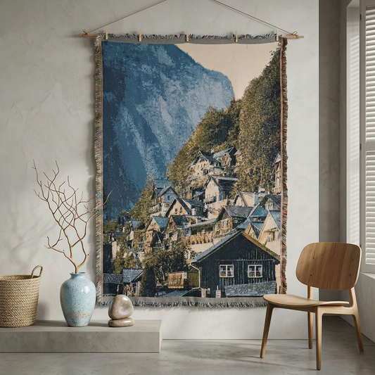 European Village Landscape Woven Tapestry - Mountain Town Scenery Wall Art - Large Vintage Aesthetic Wall Hanging for Home Decor (130x180cm)