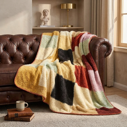 Checkered Knitted Decorative Throw - 59x79 Inches Large Chenille Style Blanket - Warm Cozy Color Block Couch Cover