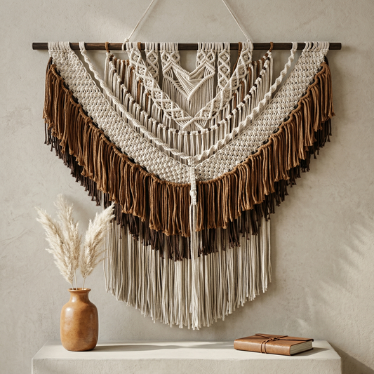 120x100cm Large Macrame Wall Hanging - Tiered Tassel Boho Woven Tapestry, Coffee & Cream Cotton Fiber Art