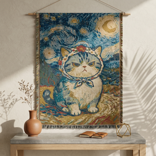 130x180cm Starry Night Cat Woven Tapestry - Large Artistic Van Gogh Style Throw Wall Hanging Decor