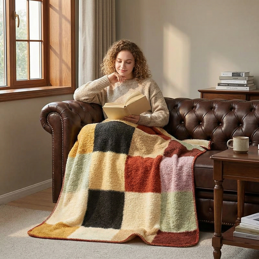Checkered Knitted Decorative Throw - 59x79 Inches Large Chenille Style Blanket - Warm Cozy Color Block Couch Cover