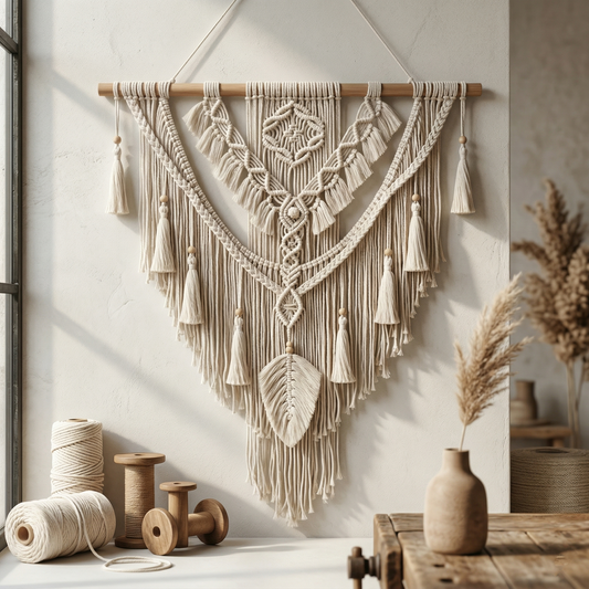 VibeWeave 80x95cm Macrame Wall Hanging - Handmade Boho Cotton Woven Tapestry with Tassels and Wooden Beads, Cream